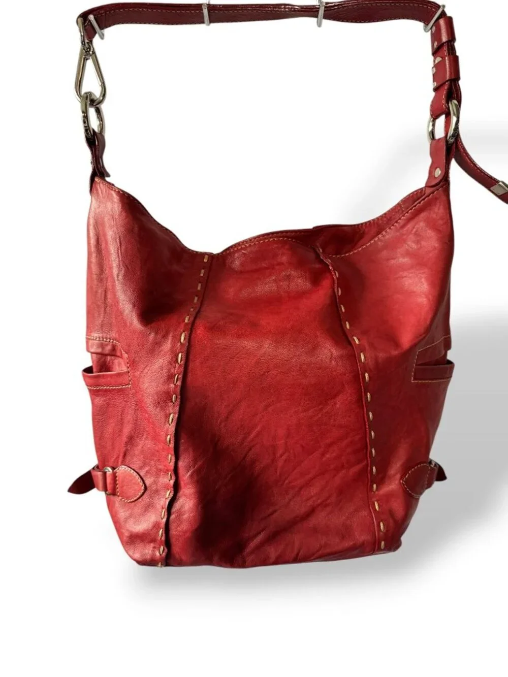 Nicoli Red Leather Shoulder Bag Adjustable Strap Soft Stitch Detail